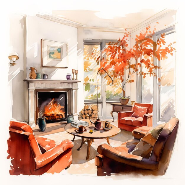 a painting of a living room with a fireplace and a fire place