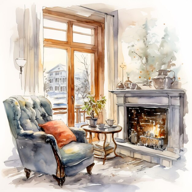 a painting of a living room with a fireplace and a window