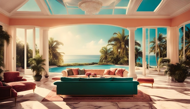 a painting of a living room with palm trees and a couch