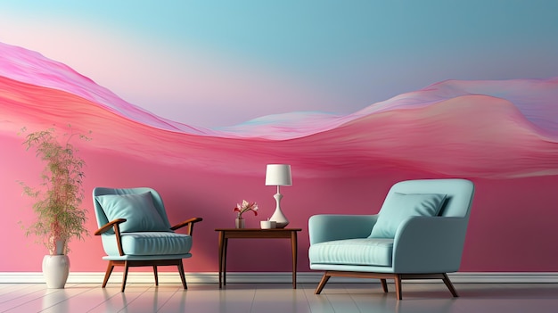 a painting of a living room with a pink and blue background.