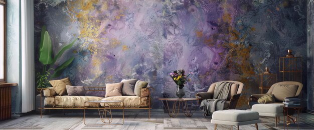 Photo a painting of a living room with a purple background with a gold star on the top