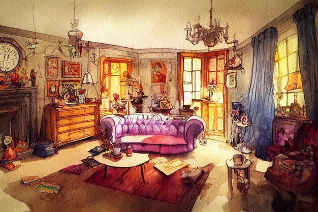 A painting of a living room with a purple couch and a lamp.