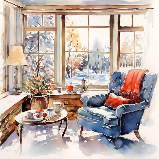 a painting of a living room with a red blanket on the arm of a blue couch