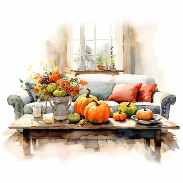 A painting of a living room with a table and a vase of fruit on it