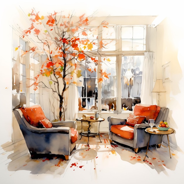 a painting of a living room with a tree and chairs