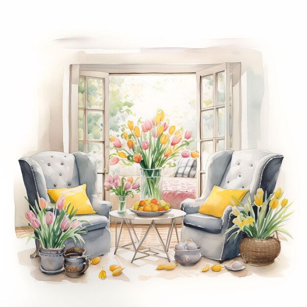 a painting of a living room with a vase of flowers and a vase of tulips