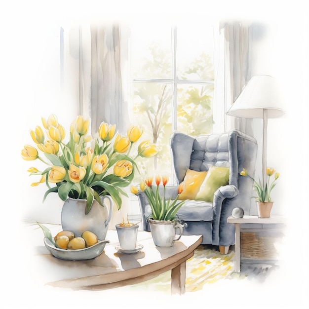 a painting of a living room with a vase of tulips and a vase of flowers