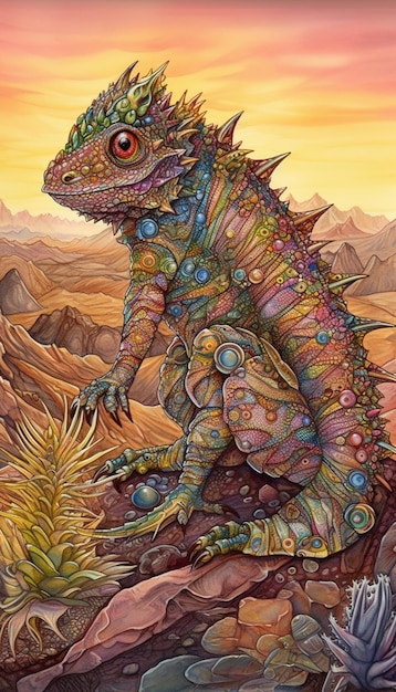 A painting of a lizard with a colorful background.