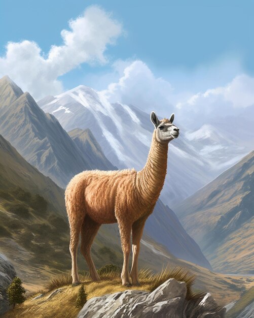 Painting of a llama standing on a mountain top with a mountain in the background generative ai