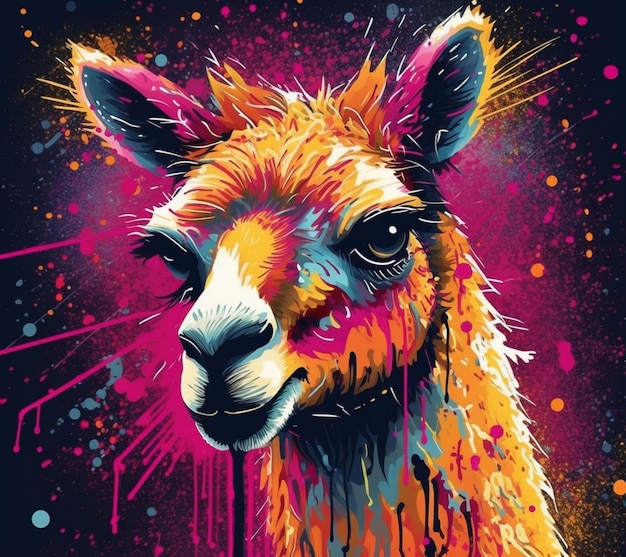 A painting of a llama with a colorful face and the word llama on it.