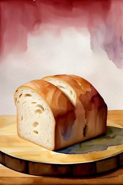 Картина с изображением буханки хлеба на тарелке
