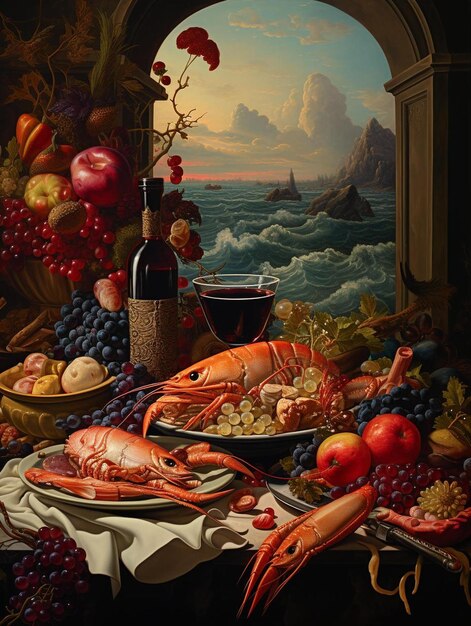 a painting of lobstersgrapesand fruit on a table