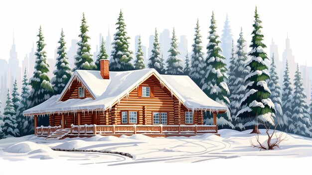 painting of a log cabin in the snow with trees in the background generative ai