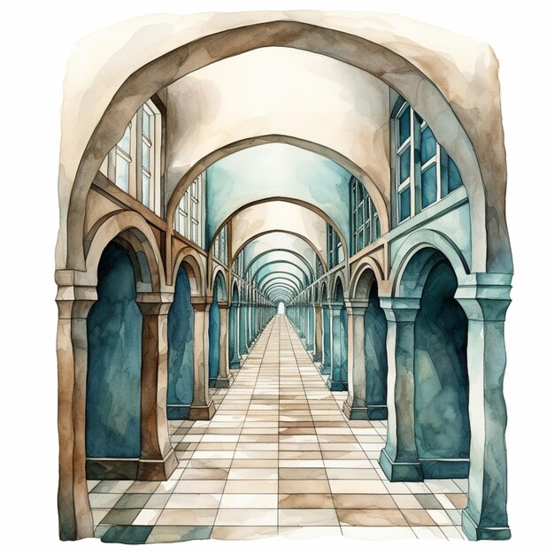 a painting of a long hallway with arches and windows generative ai