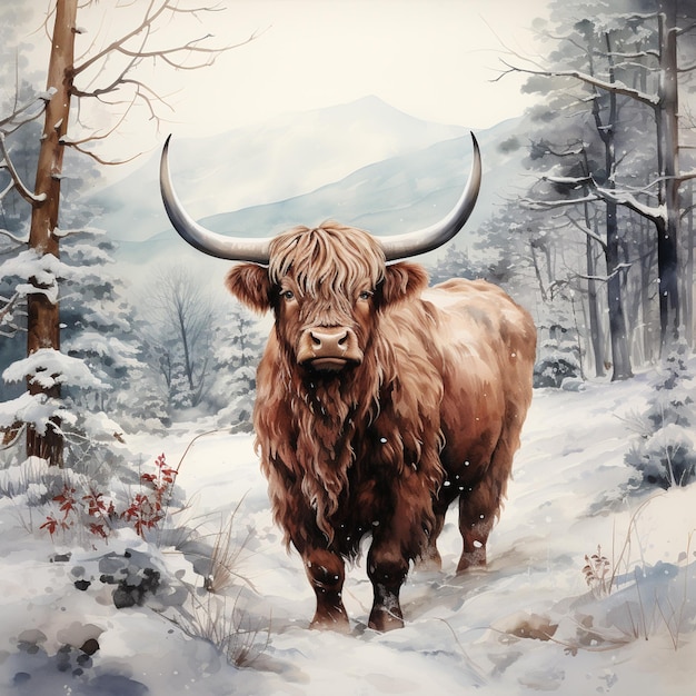 Photo painting of a long horn cow standing in a snowy forest generative ai