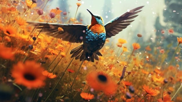 Photo a painting of a longbeaked bird in a field of flower ai generative