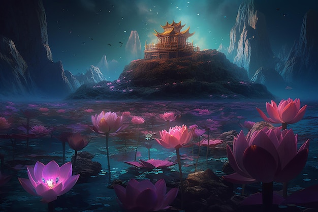 A painting of a lotus flower in the night sky