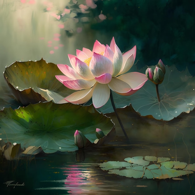 A painting of a lotus flower in the water