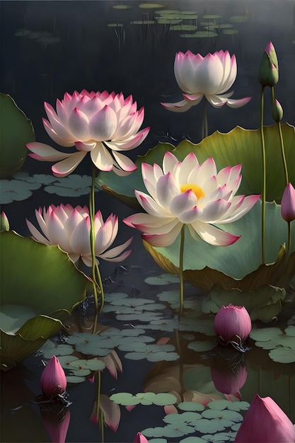 A painting of a lotus flower in the water