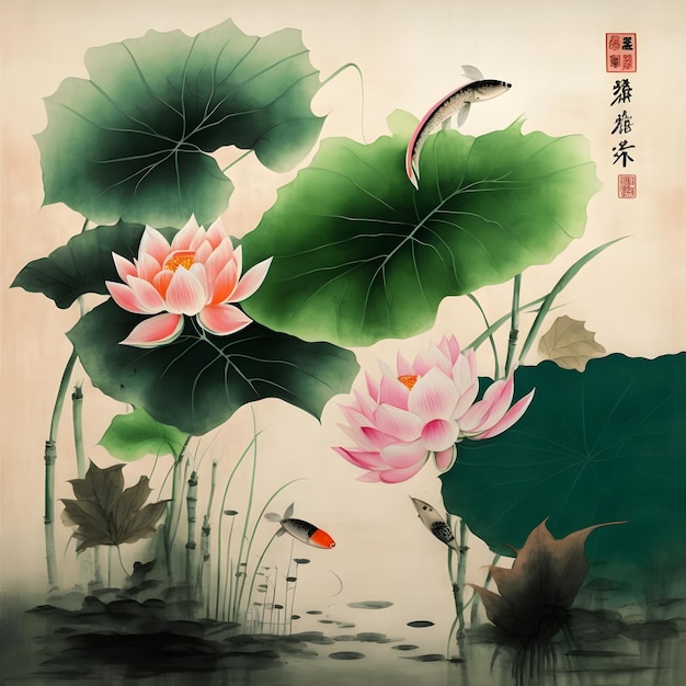 A painting of a lotus flower with a fish on it