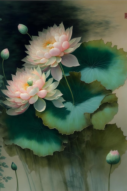A painting of a lotus flower with a green background.