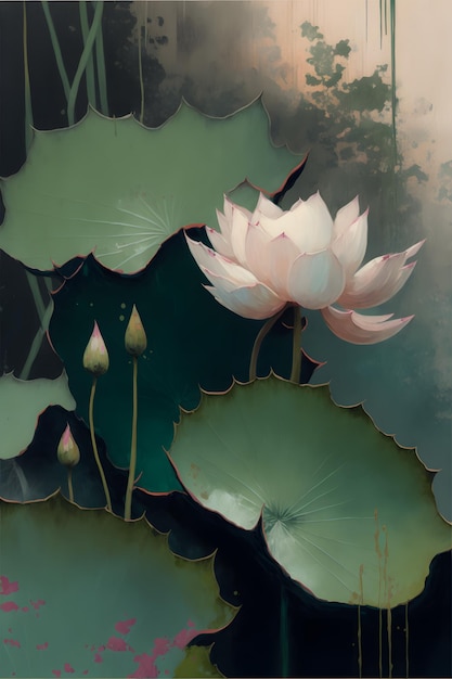 A painting of a lotus flower with the leaves in the background.