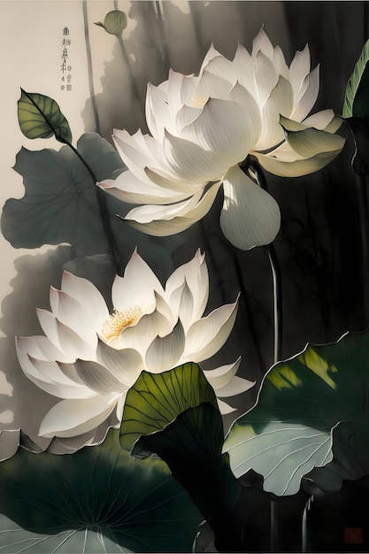 A painting of a lotus flower with leaves on it