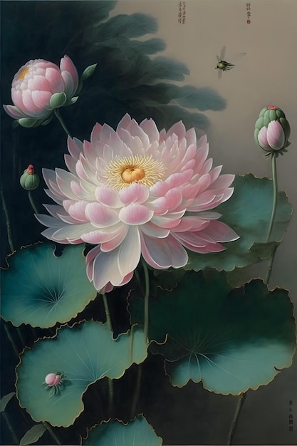 A painting of a lotus flower with the word lotus on it.