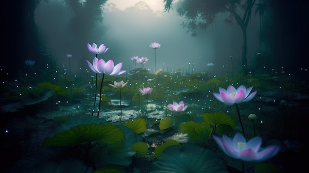 A painting of lotus flowers in a forest