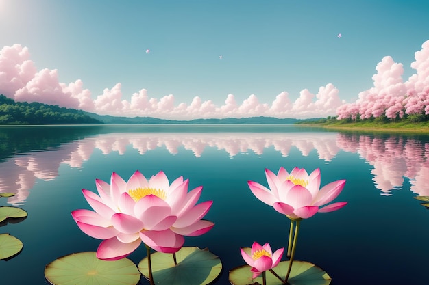 A painting of lotus flowers on a lake