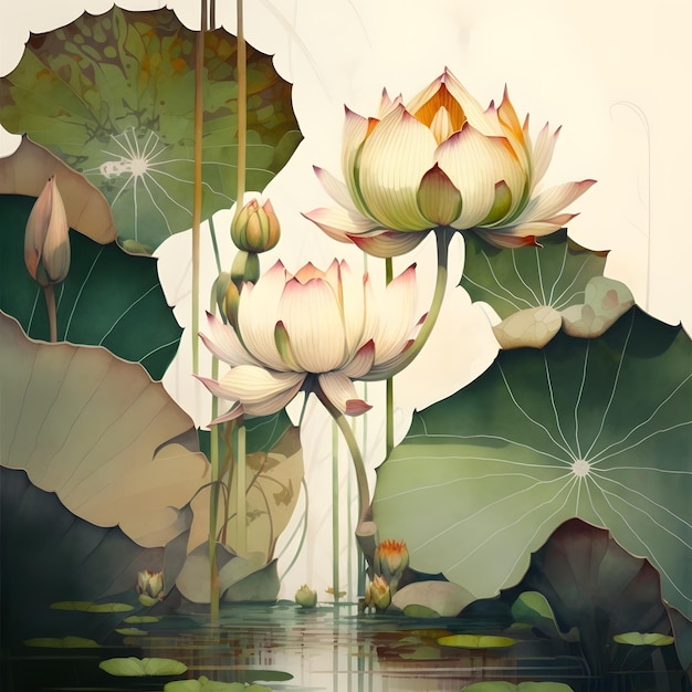 A painting of lotus flowers and leaves with the word lotus on it.