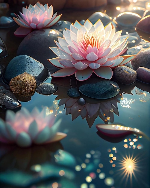 A painting of lotus flowers in a pond with stones and the words lotus.