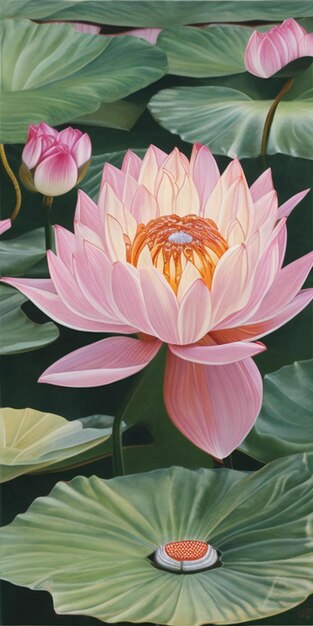 a painting of lotus flowers in a pond