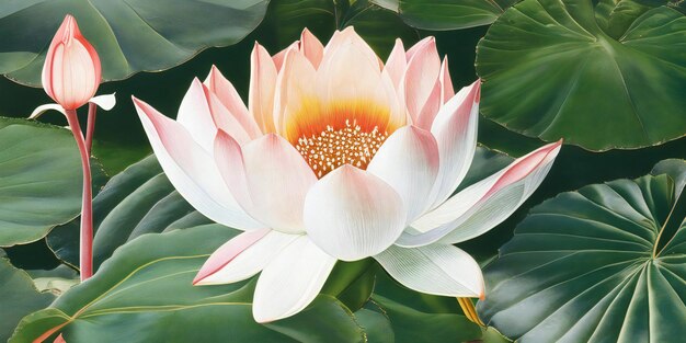 a painting of lotus flowers in a pond