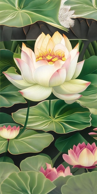 Photo a painting of lotus flowers in a pond