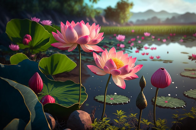 A painting of lotus flowers in a pond