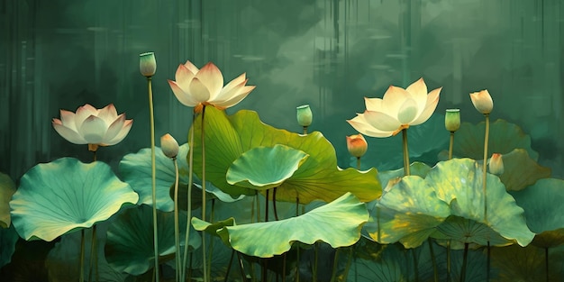 A painting of lotus flowers in a pond