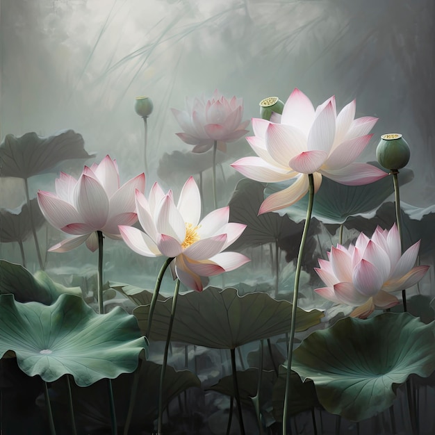 A painting of lotus flowers in the rain