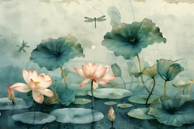 Photo a painting of lotus flowers and the sun