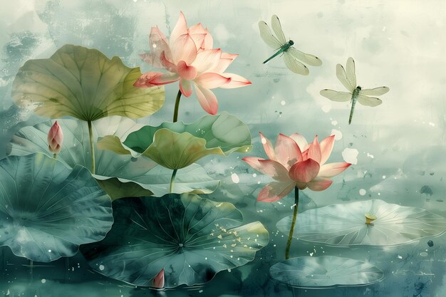 Photo a painting of lotus flowers in the water with the water lilies