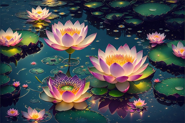 A painting of lotus flowers in the water