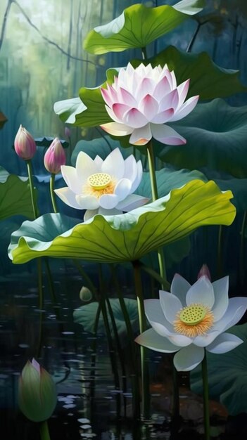 A painting of lotus flowers in the water