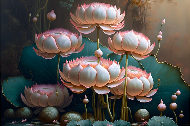 A painting of lotus flowers with the lotus flower on the left.