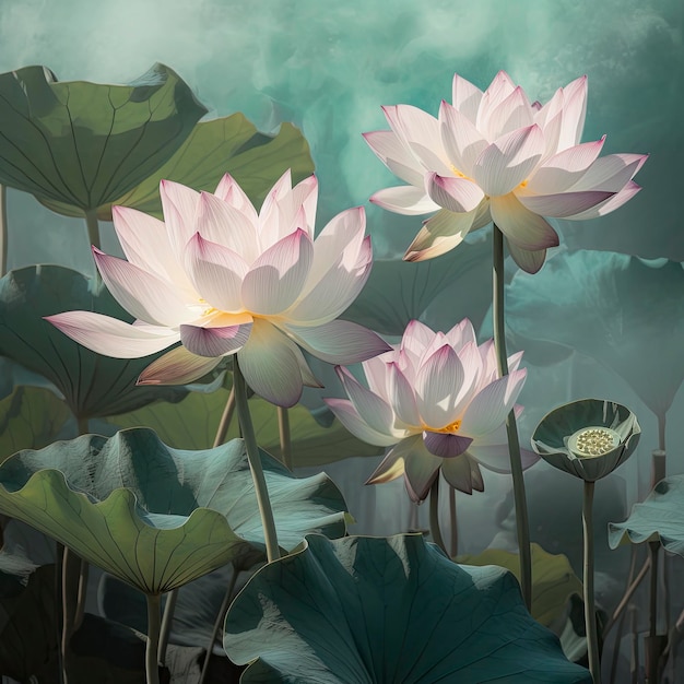 A painting of lotus flowers with the word lotus on it