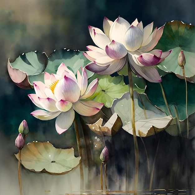 A painting of lotus flowers with the word lotus on it