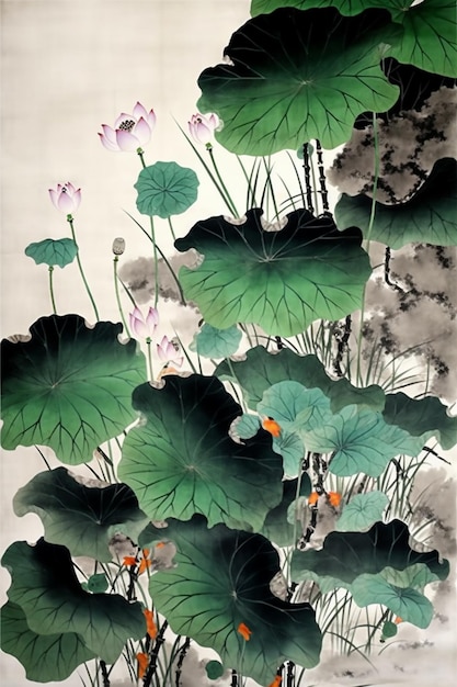 A painting of lotus leaves with the word lotus on the left.