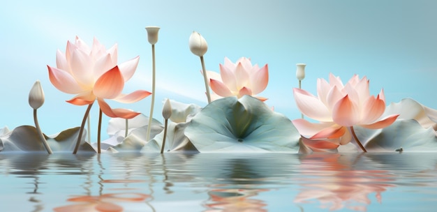 a painting of lotus plants and the water