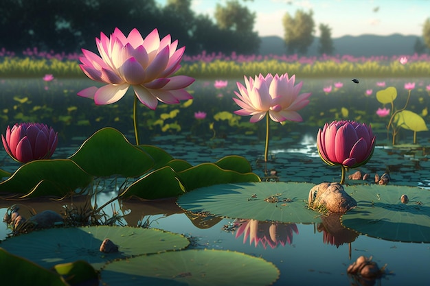 A painting of a lotus pond with a dragonfly on it