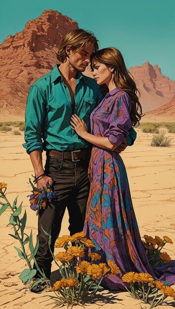 a painting of a loving couple in the desert holding flowers for dating