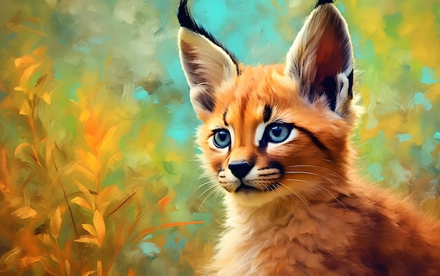 A painting of a lynx with blue eyes